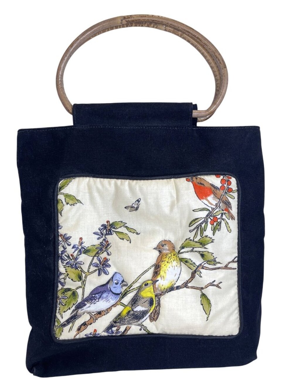 Tote Bag Quilted Fabric Purse Bird Berry Lined Black Round Handle Pocket Handbag - Picture 12 of 12